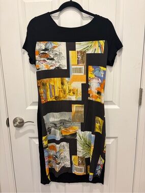 Simon Chang Black Midi Dress with Multicolor Patchwork Panels #1036